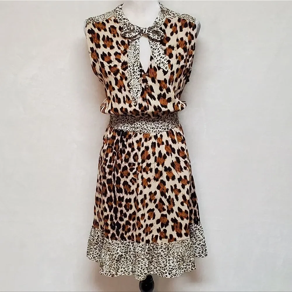 LEOPARD Cheetah Print Tie-Neck Smocked Waist Sleeveless A-line Mini Dress Large